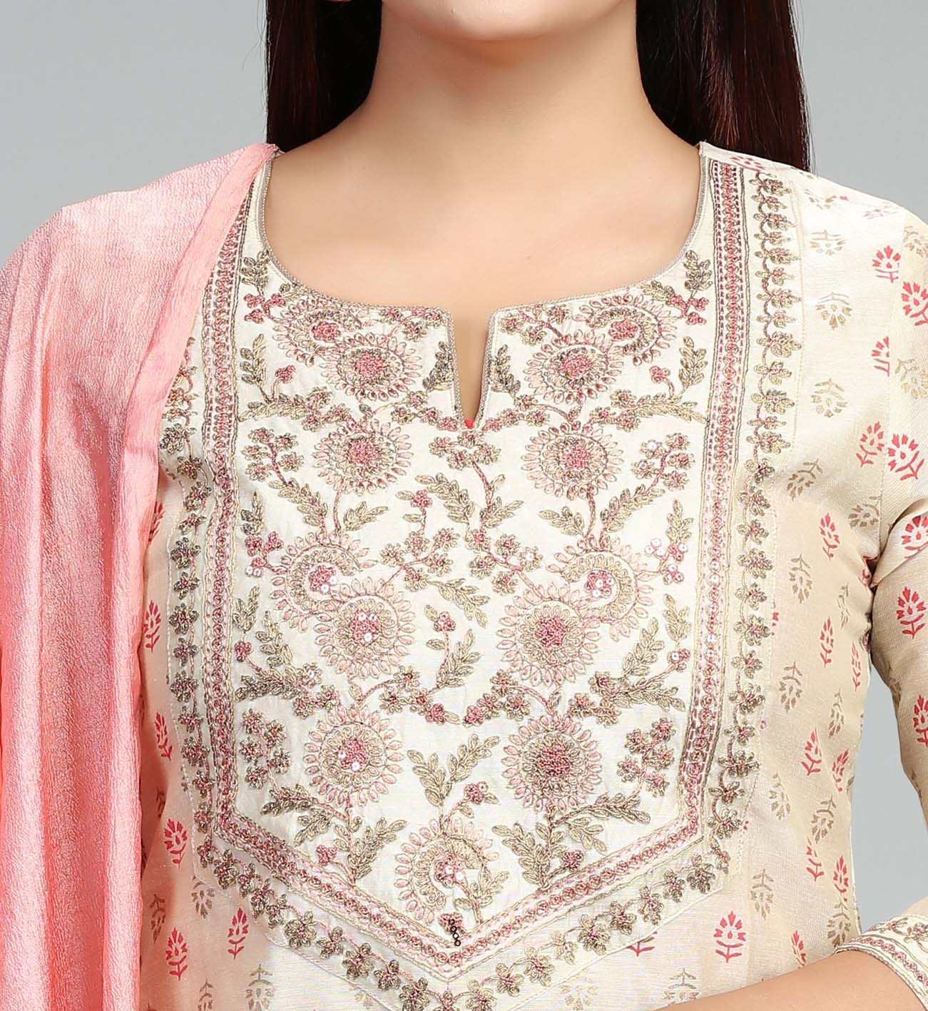 Puja Cream Chanderi Embroidered Suit Set