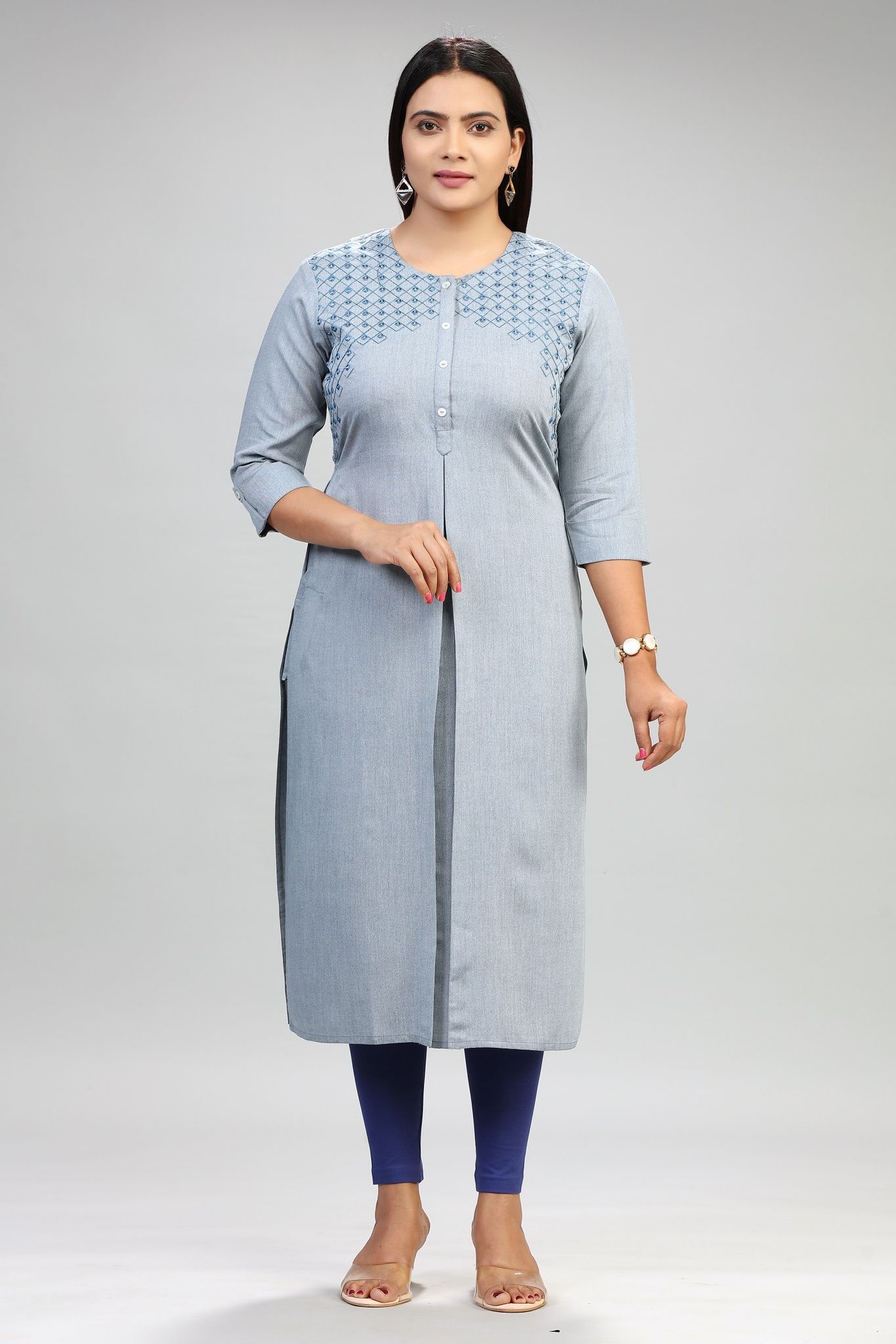 Azra Gray Cotton Embroidered Straight Kurta