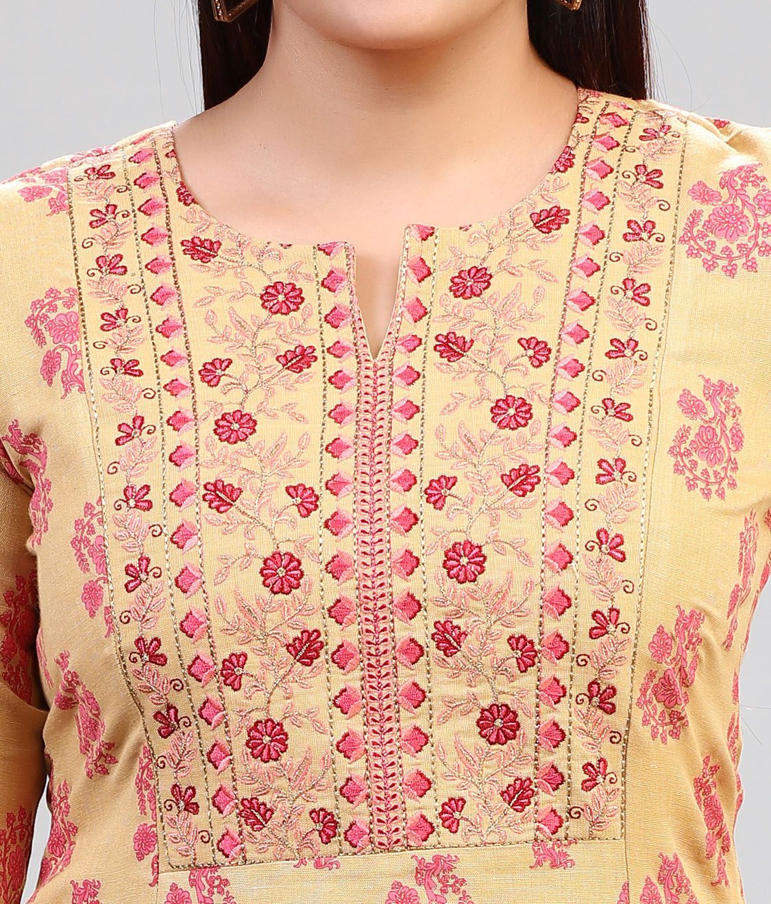 Khushi Beige & Pink Cotton Embroidered Straight Kurta