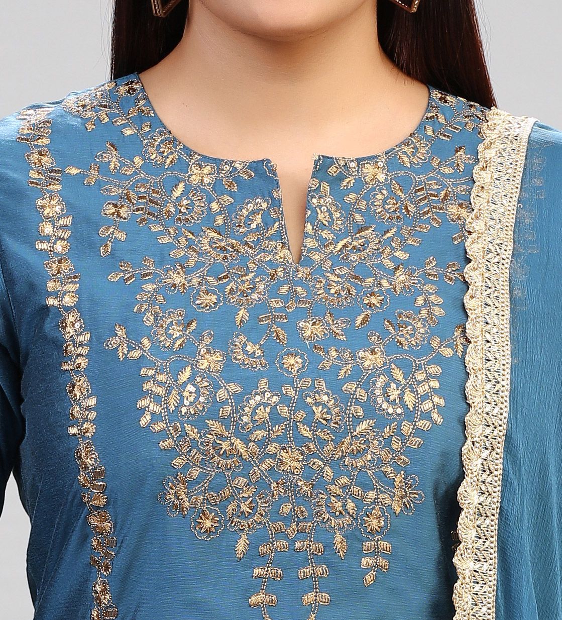 Nazneen Light Blue Cotton Silk Embroidered Suit Set