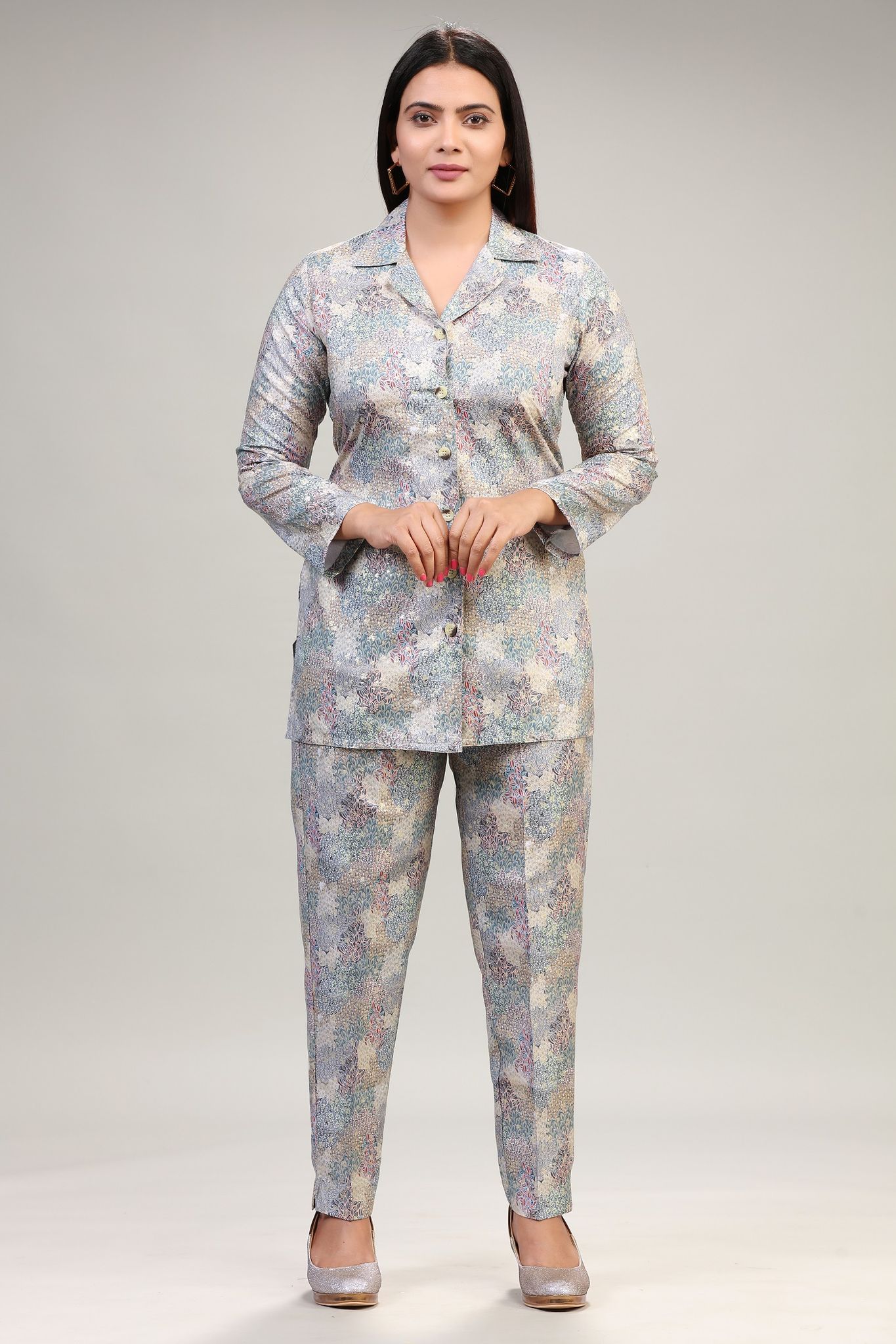 Multicolor Printed Cotton Shirt Collar Top With Trouser