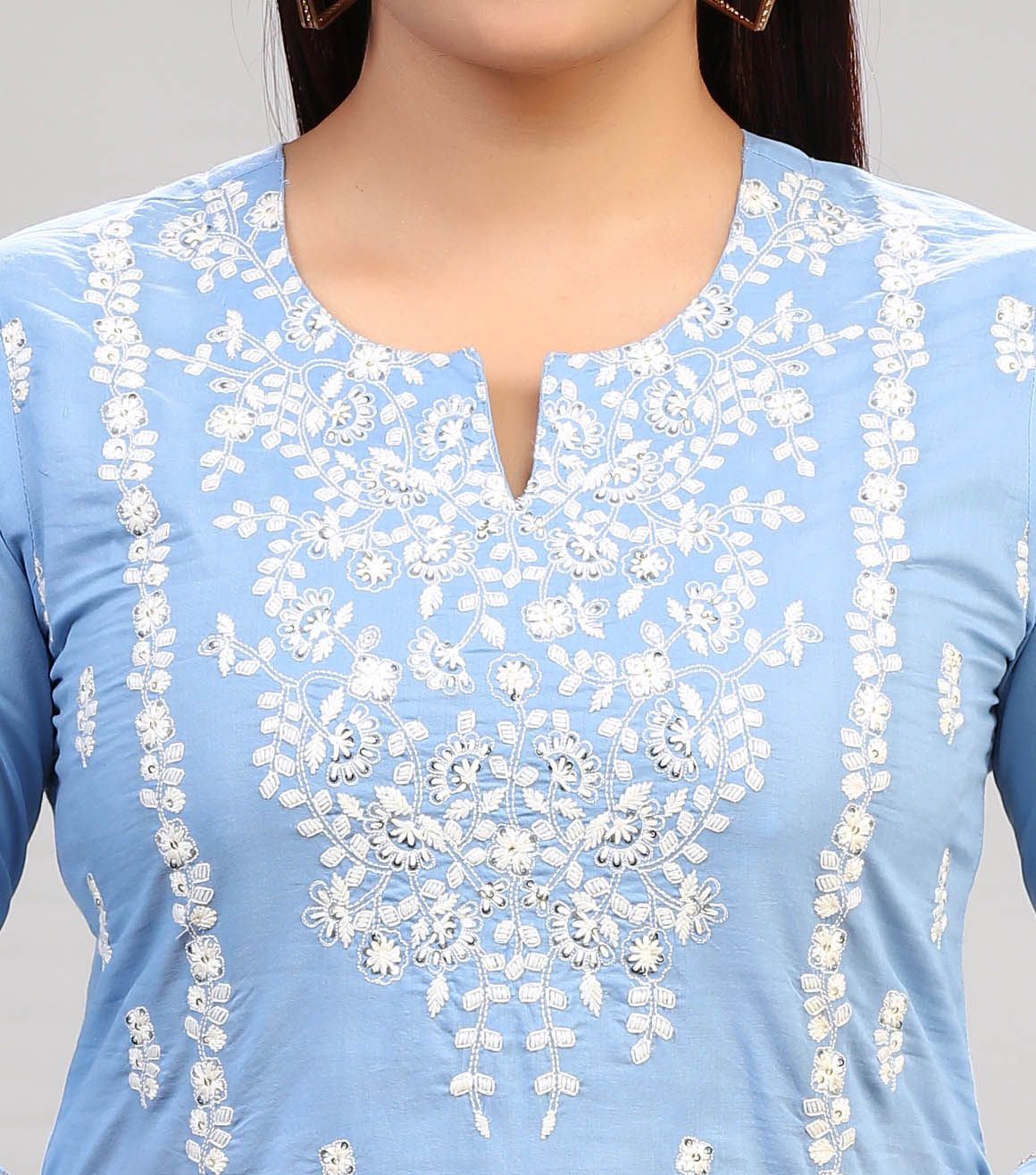 Aapti Light Blue Cotton Embroidered  Kurta With Pant Set
