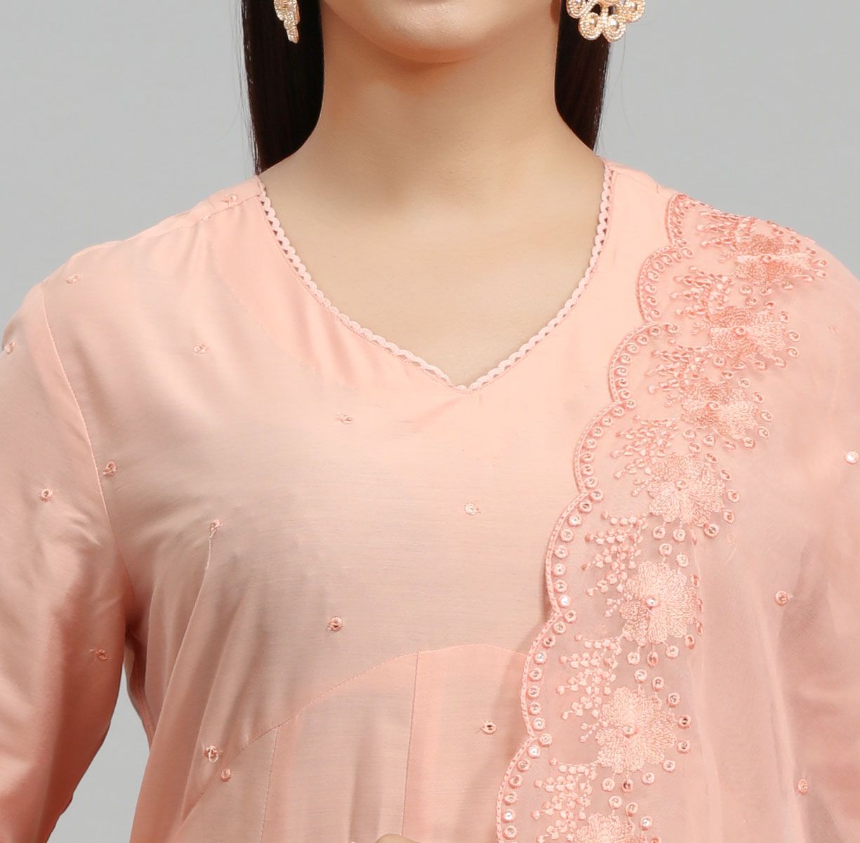 Ayla Peach Chanderi Embroidery  A-Line Suit Set