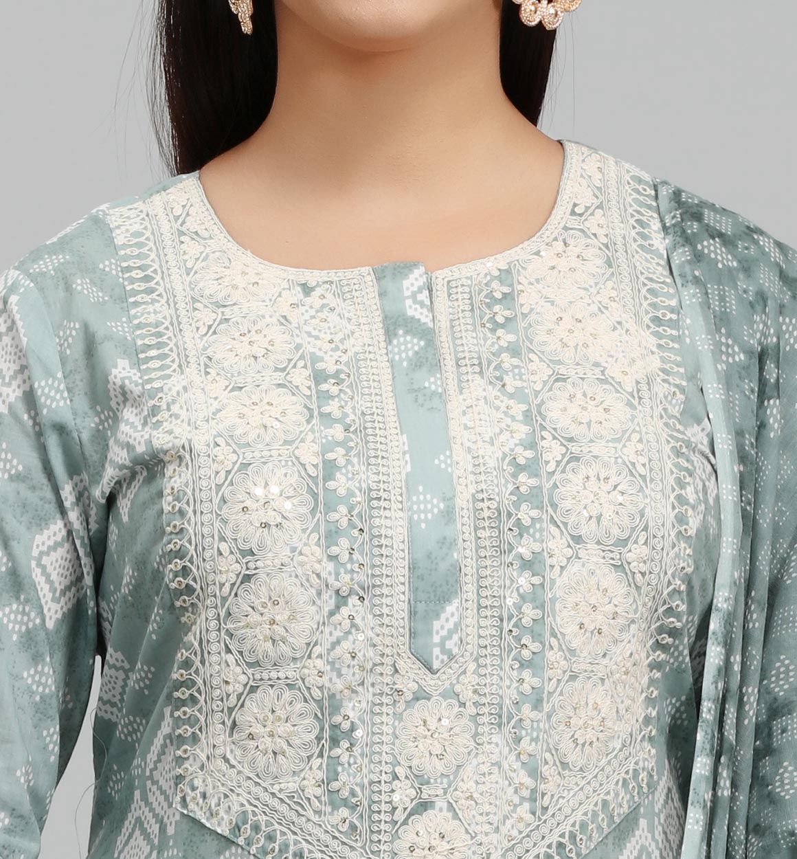 Aysun Pastel Green Cotton Embroidered Suit Set