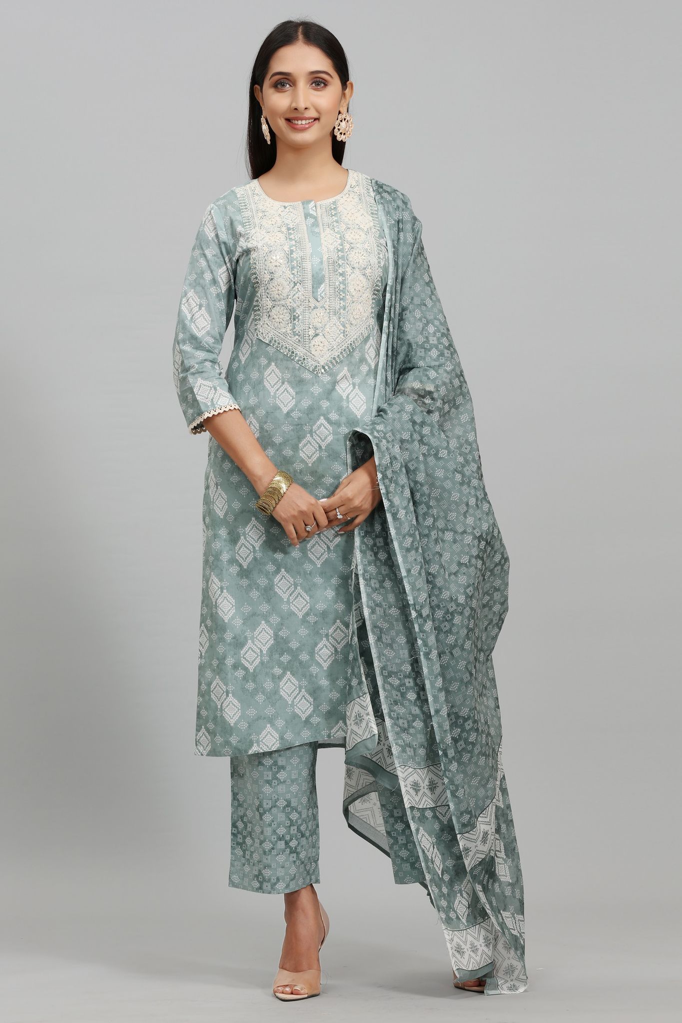 Aysun Pastel Green Cotton Embroidered Suit Set