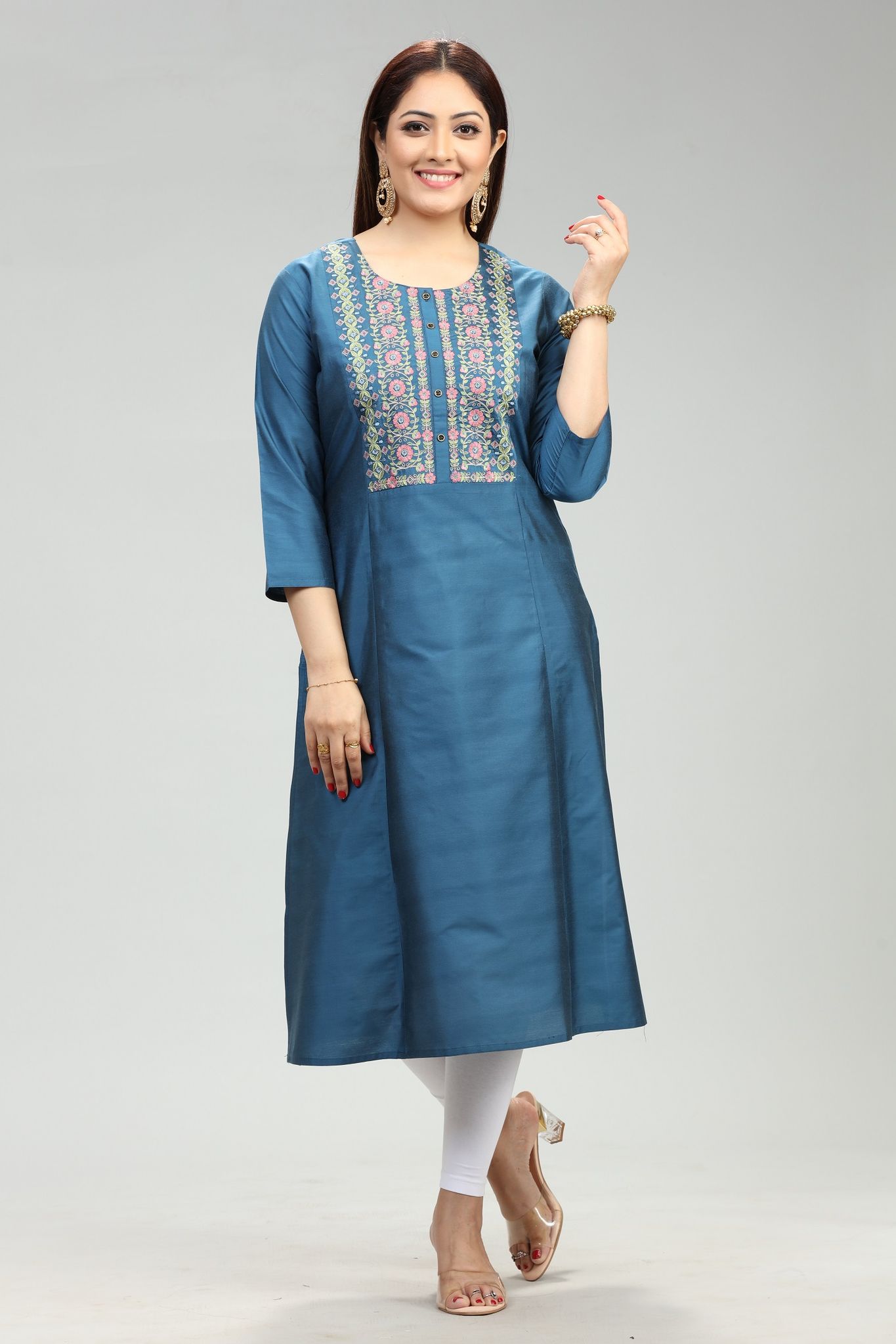 Aashvi Blue Cotton Silk Straight Kurta