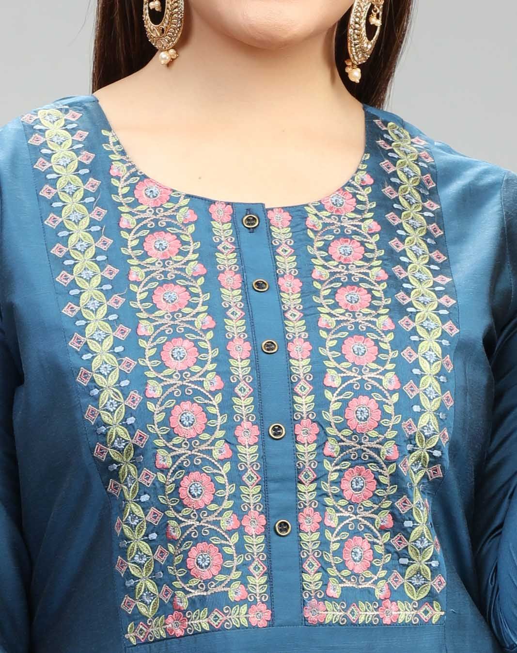 Aashvi Blue Cotton Silk Straight Kurta