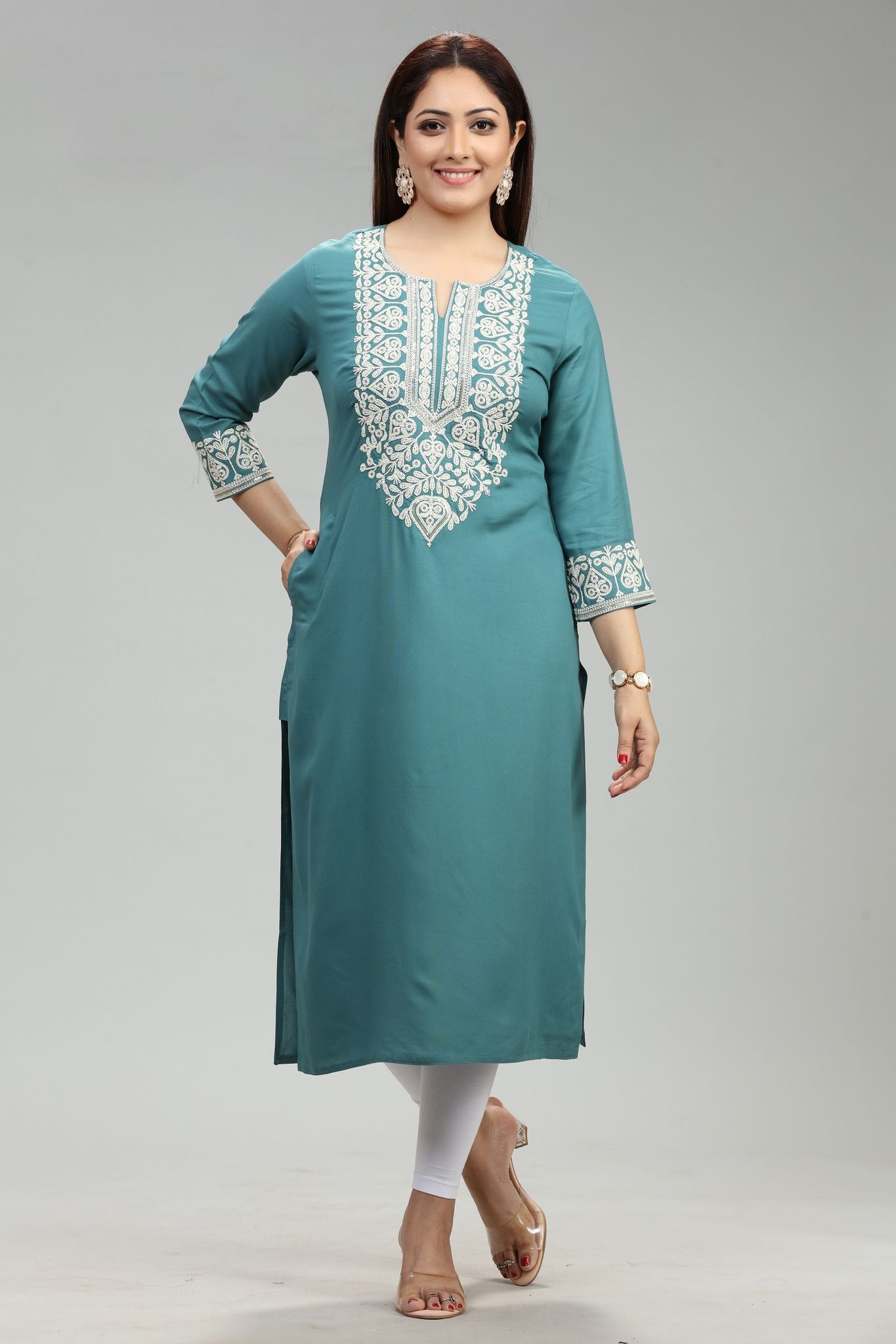Mehwish Turquoise Rayon Embroidered Straight Kurta