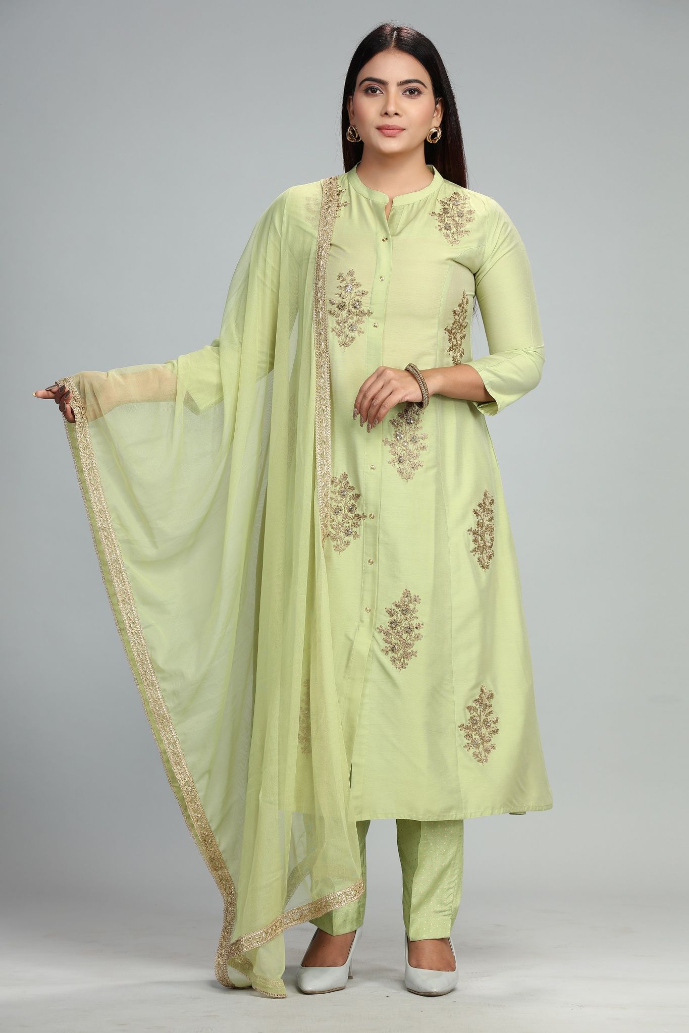 Bhavya Neon Green Cotton Silk Embroidered Suit Set