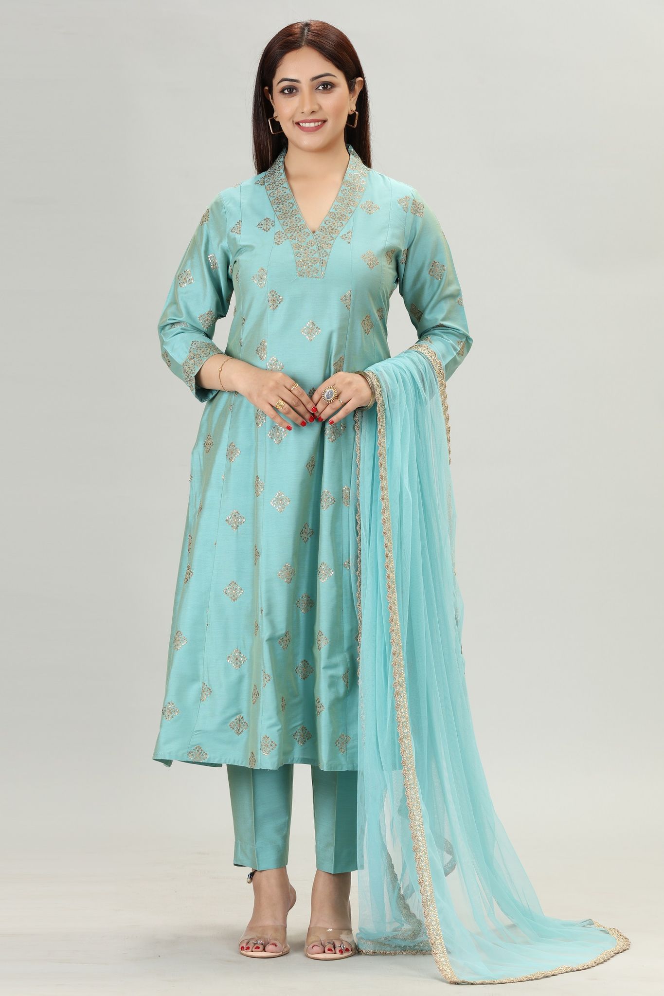 Alizah Sky Blue Cotton Silk Embroidered Kurta, Pant & Dupatta Set