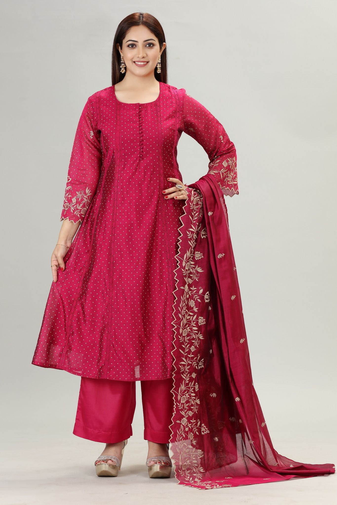 Hadiya Purple Chanderi Printed & Emb  A-Line Suit Set