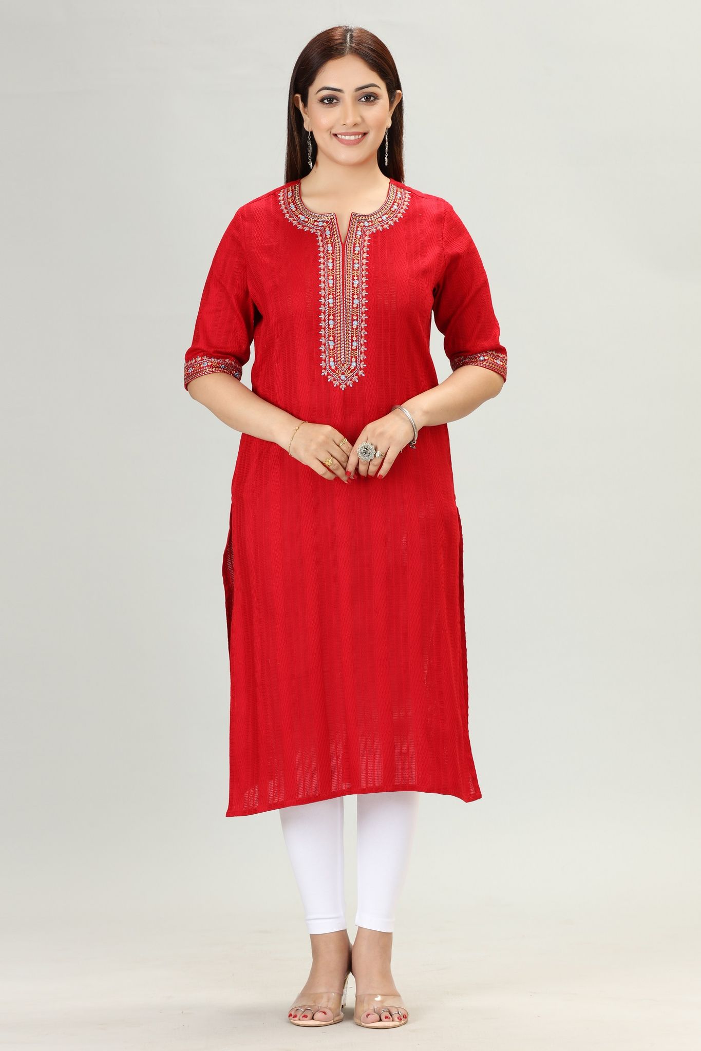 Advika Red Cotton Embroidered Straight Kurta