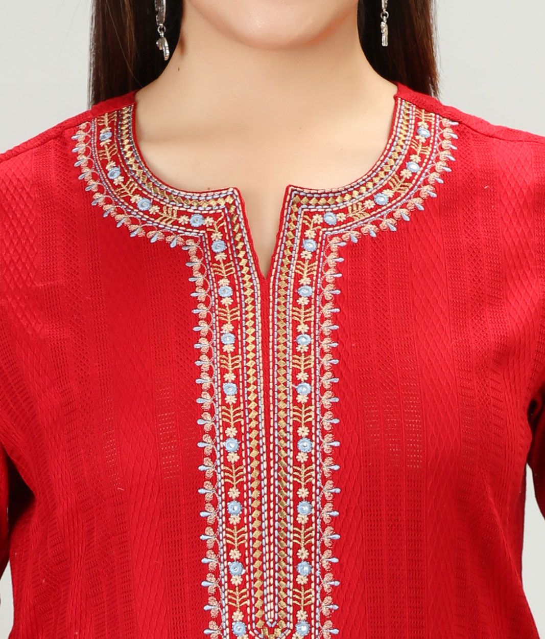 Advika Red Cotton Embroidered Straight Kurta
