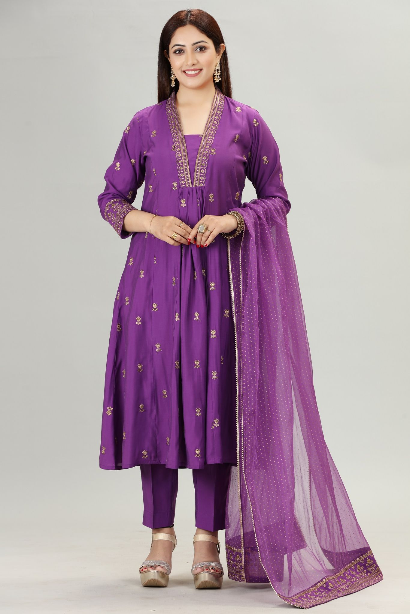 Zemira Purple Cotton Silk Embroidered Kurta, Pant & Dupatta Set