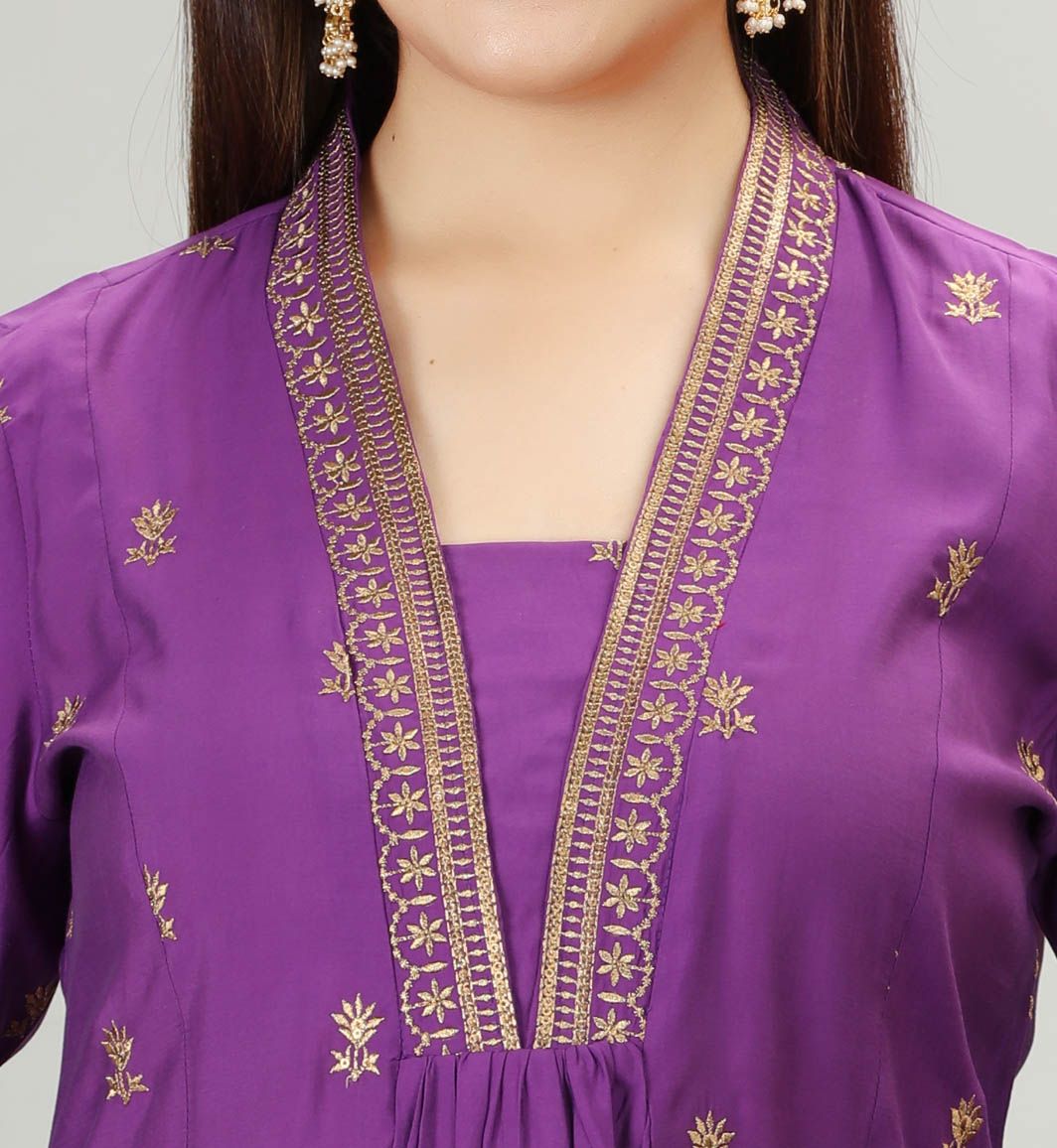 Zemira Purple Cotton Silk Embroidered Kurta, Pant & Dupatta Set