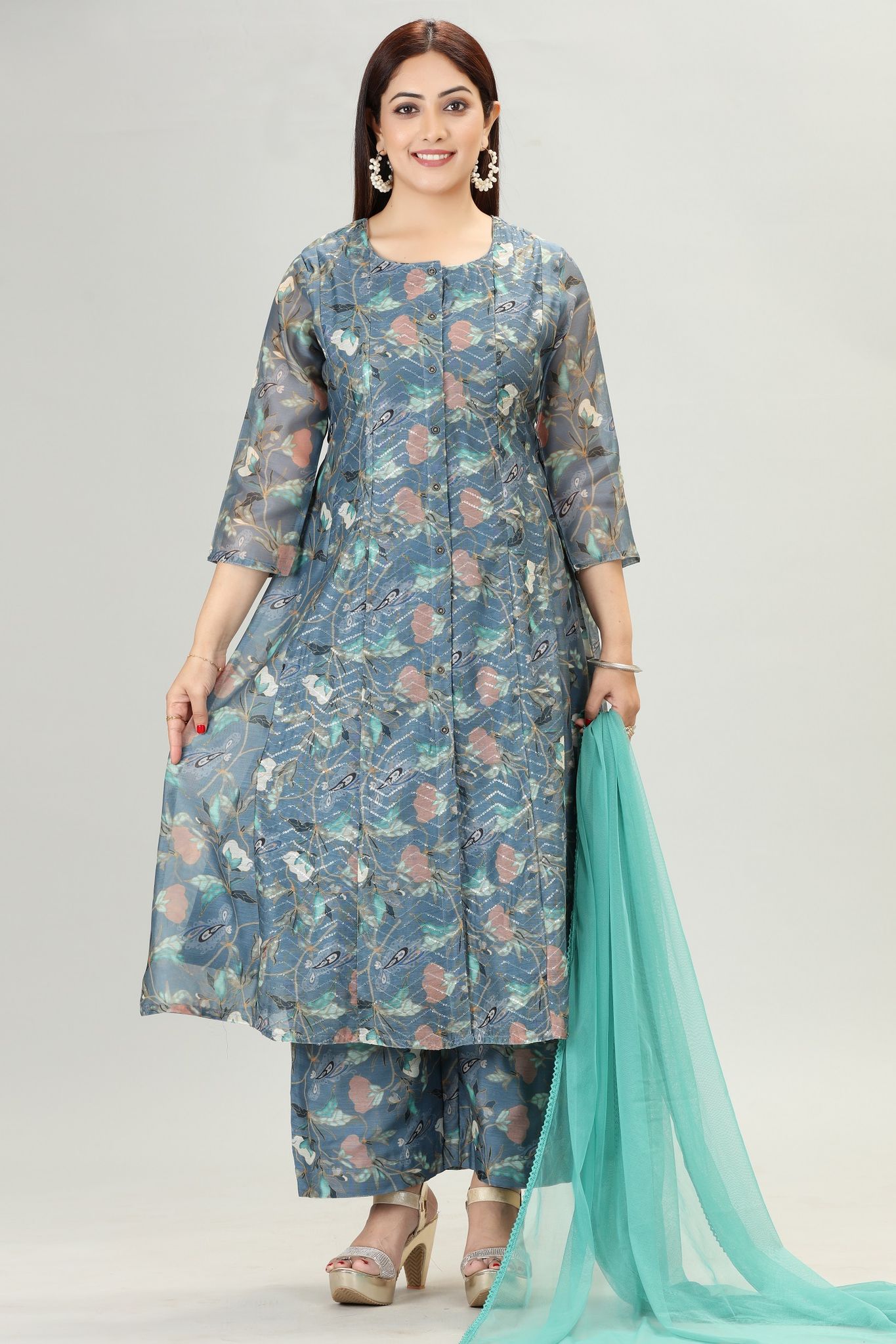 Pushti Turquoise Chanderi Embroidery Suit Set