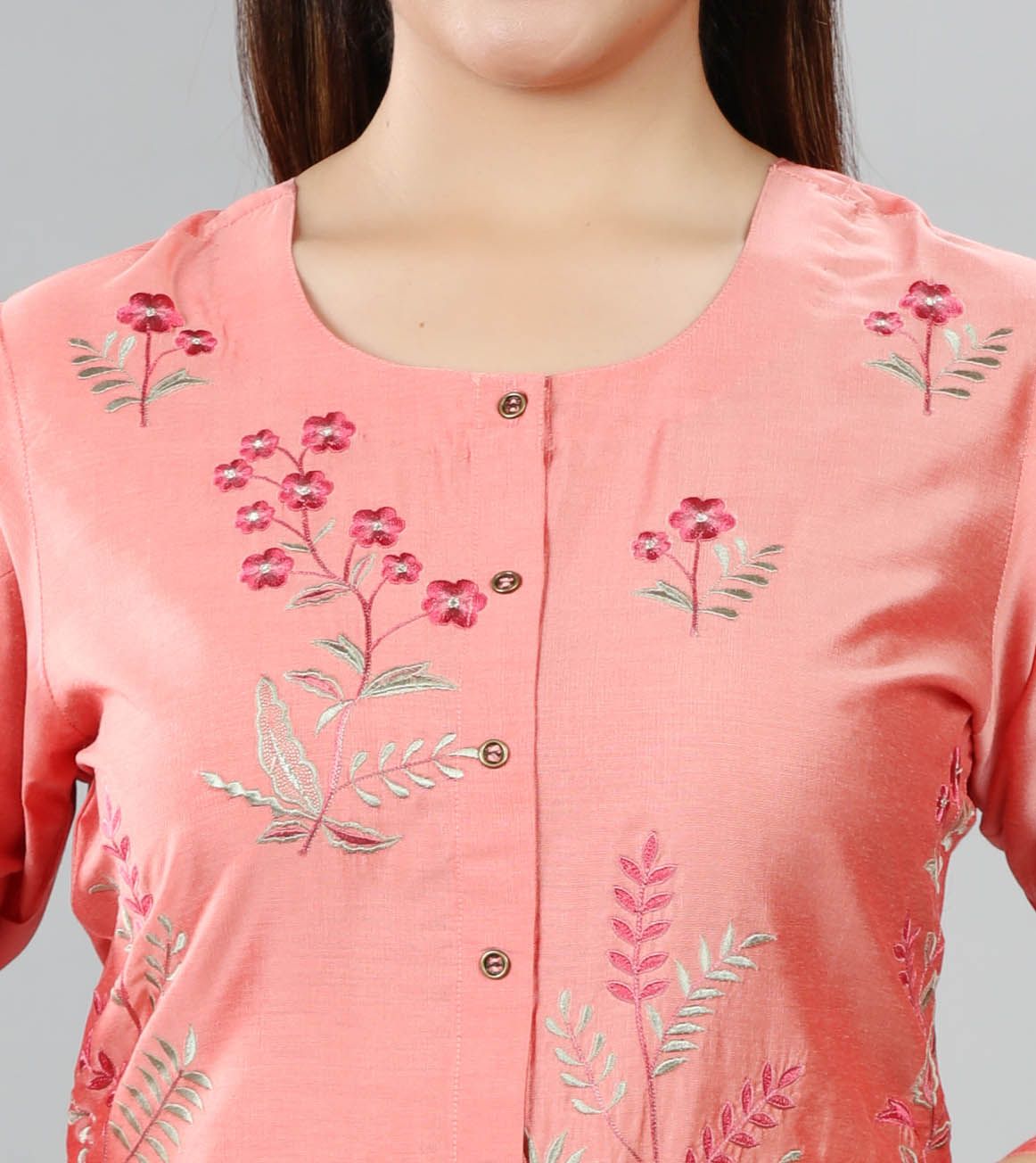 Akasma Light Pink Cotton Silk Embroidered Straight Kurta
