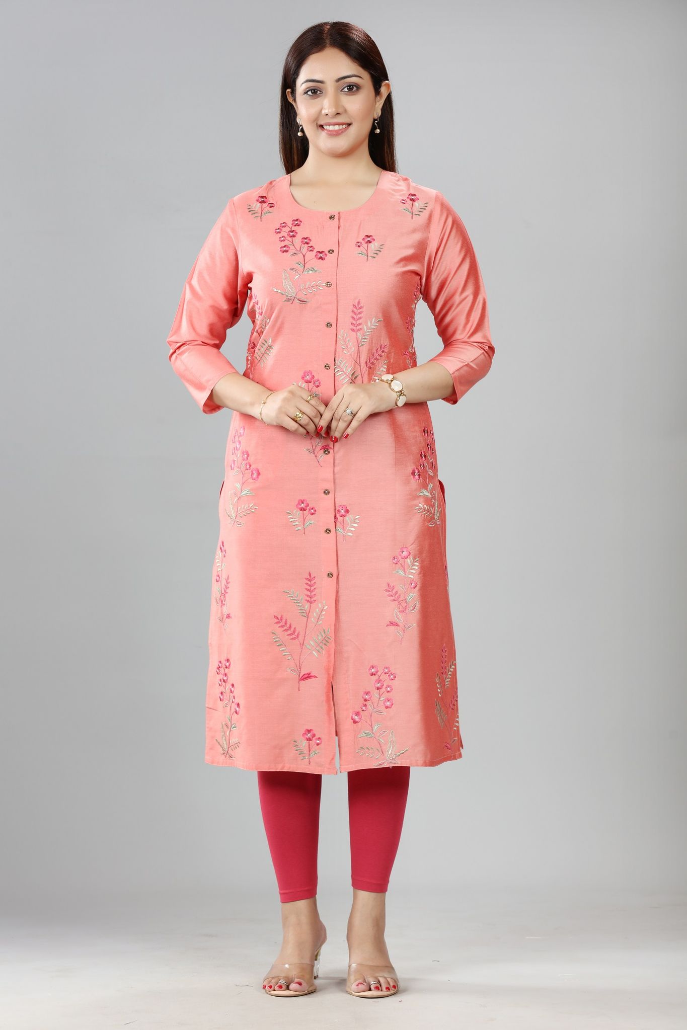 Akasma Light Pink Cotton Silk Embroidered Straight Kurta