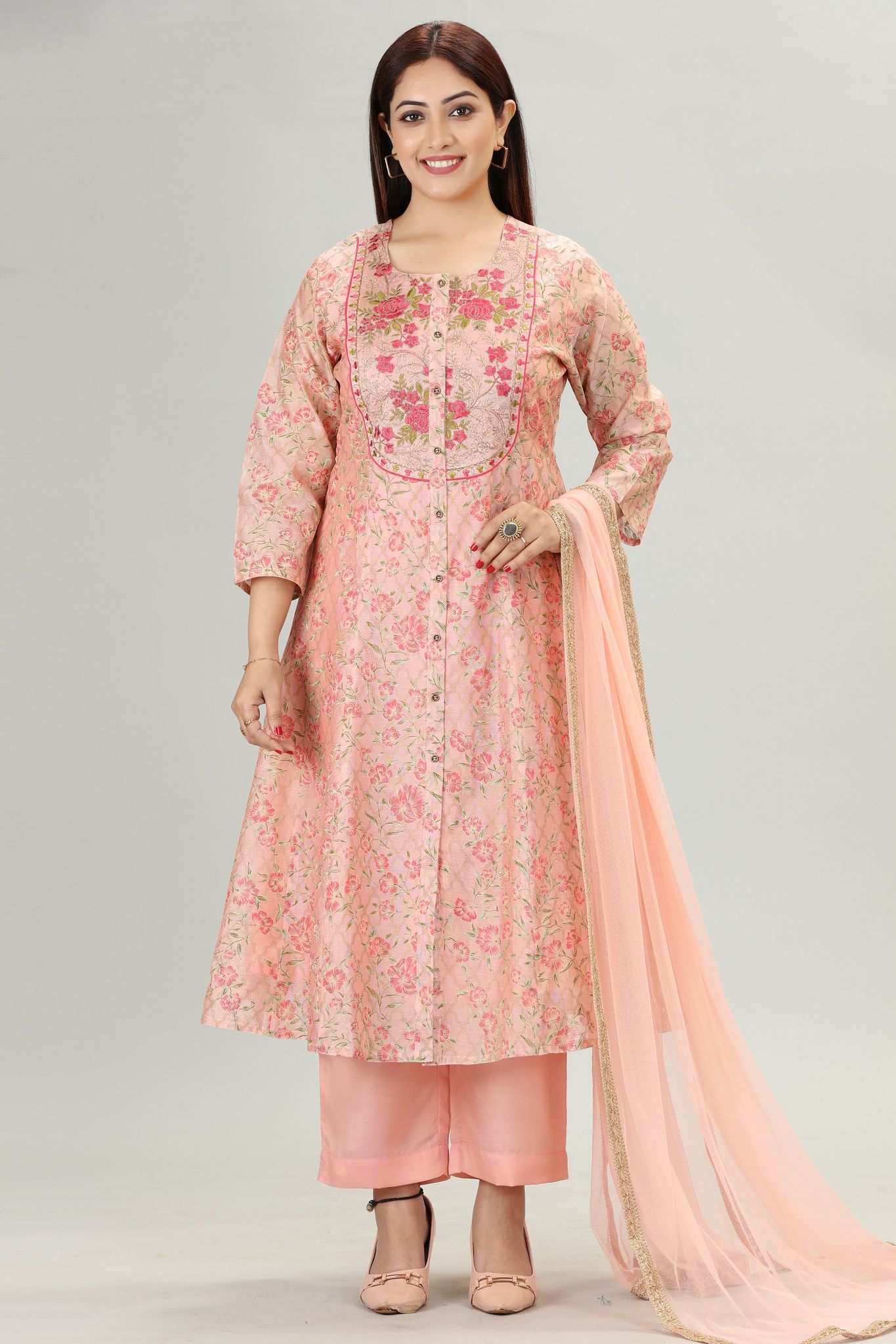 Afrooz Peach Chanderi Embroidery Suit Set