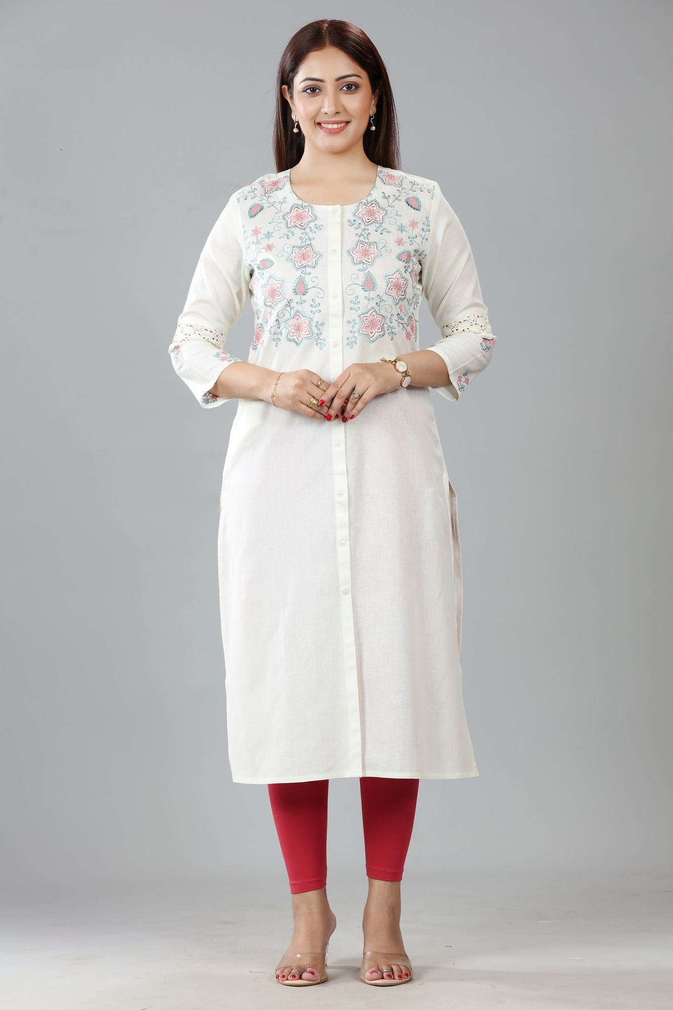 Shahana Off White Cotton Embroidered Straight Kurta