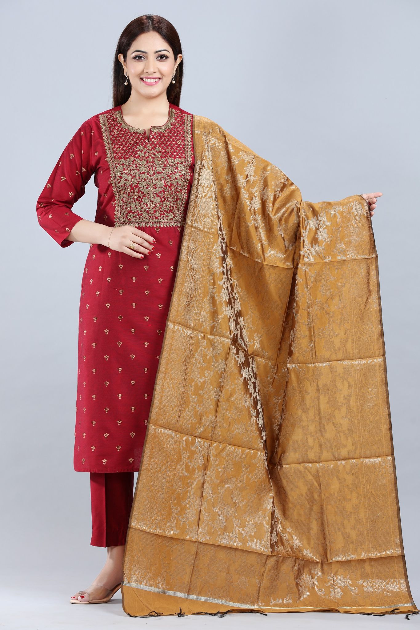 Nilam Maroon Cotton Silk Embroidered Suit Set