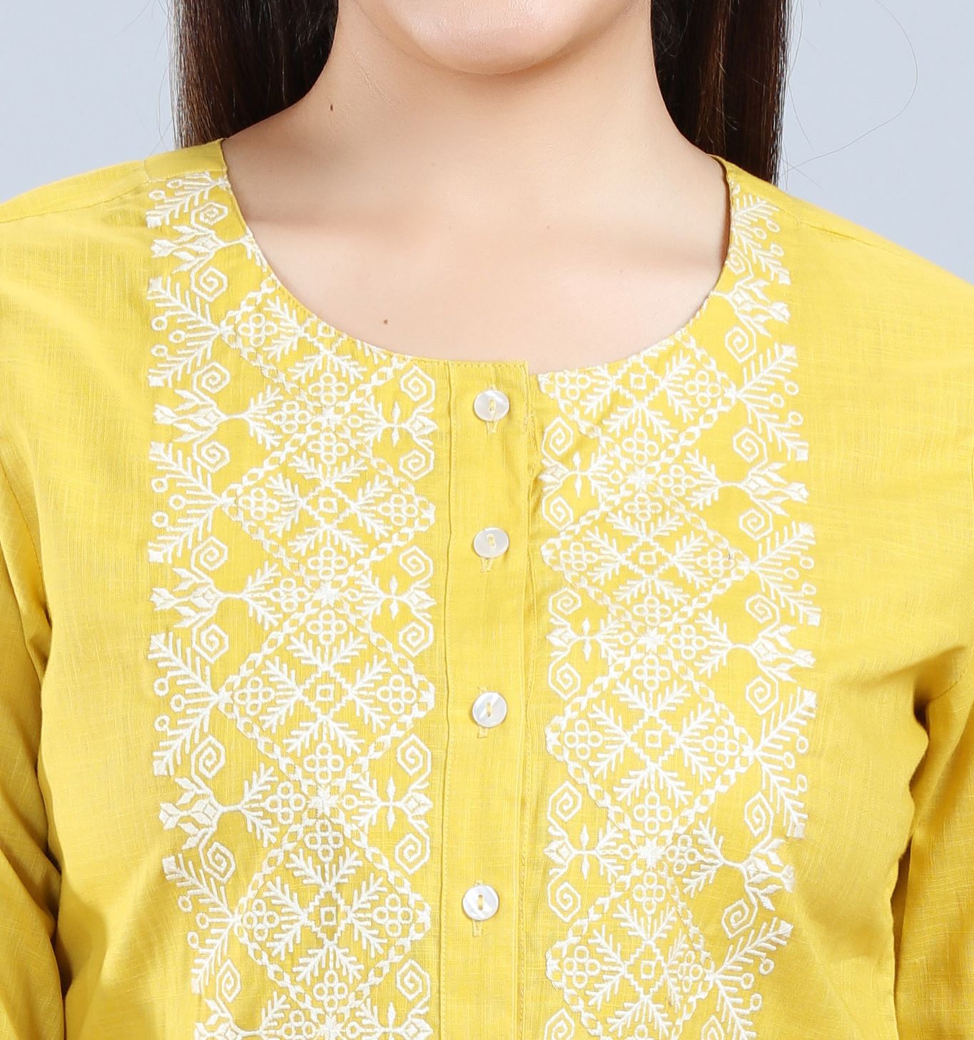Vaibhavi Yellow Cotton Embroidered Short Kurti