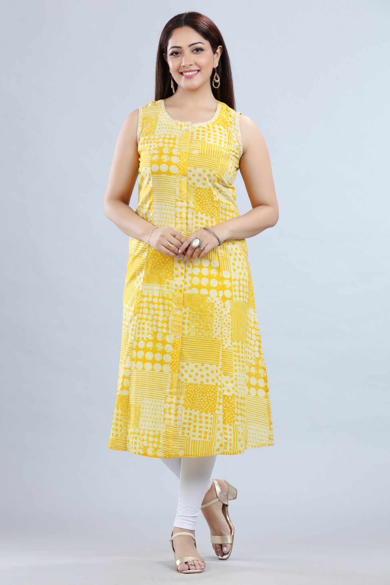 Ariba Yellow Cotton Sleeveless Kurti